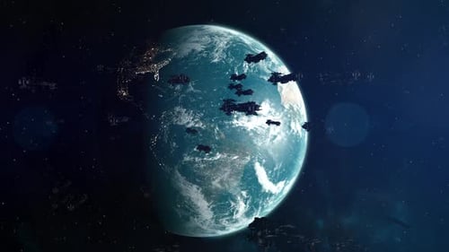 Futuristic Spaceships Flying Around Planet in Outer Space