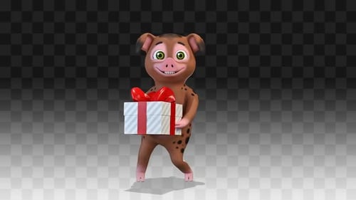 Cartoon 3D Pig Character Dancing with Gift Box