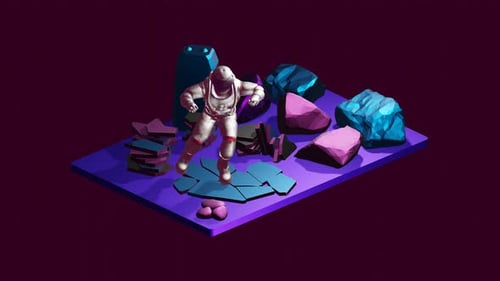 Isometric Astronaut Floating on Futuristic Platform with Abstract Rocks