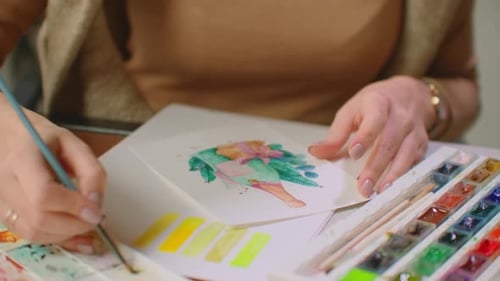 Woman Painting Watercolor Illustration With Paint Brush
