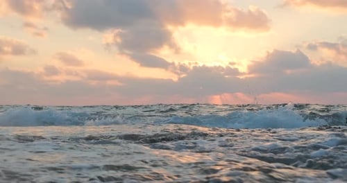 Sea Waves In Slow Motion During Beautiful Sunset