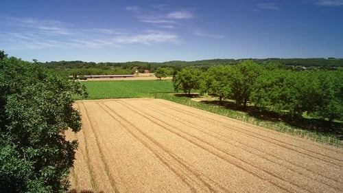 Aerial view of wheat agriculture in Correze, France.