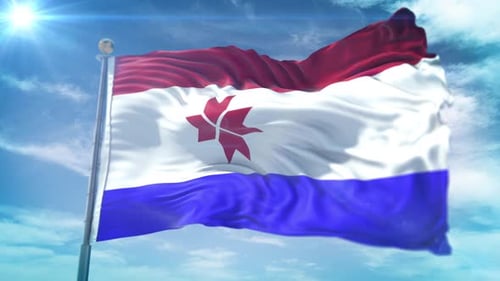 Realistic Waving Flag with Abstract Red Symbol and Sun Flare