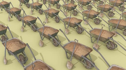 Una gran cantidad de carretilla con arena en fila 4k