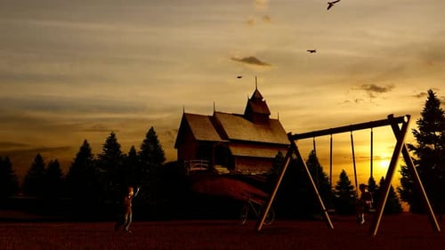 Wooden Chalet and Forest at Sunset View