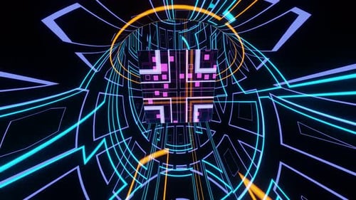 VJ Loop Animation of a Glowing Cube Flying Through an Endless Sci Fi Tunnel