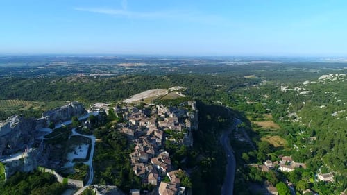 Village of Les Baux-de-Provence in Bouches-du-Rhone in France from the sky