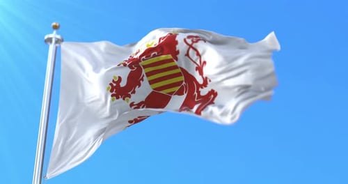 Realistic Waving White Flag with Heraldic Red Lion Emblem