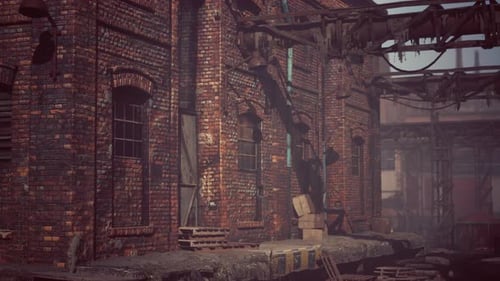 Abandoned Industrial Factory Buildings at Sunset