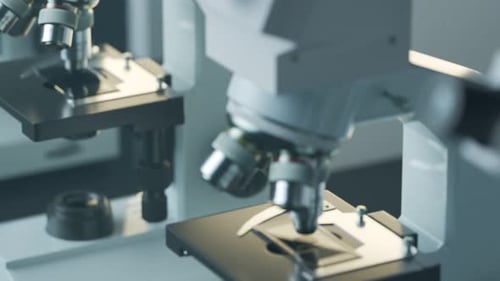 Countless modern microscopes in a row analysing samples in an endless loop. 4KHD