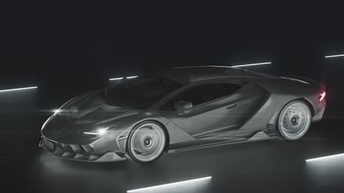 A Sports Car Drives at Speed on a Road with Neon Lights