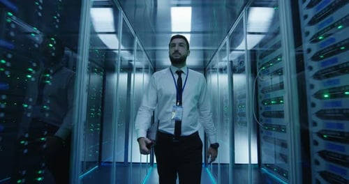Bearded Man Walks Through Bright Server Room