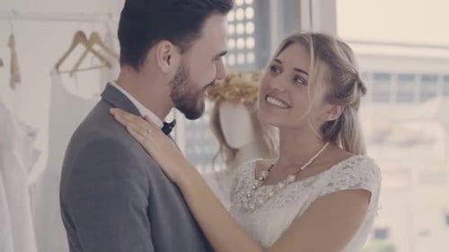 Happy Couple Embracing on Wedding Day