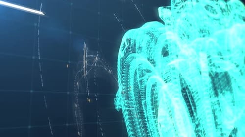 Futuristic Data Analysis Interface with Wireframe Human Head Display