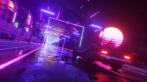 Car and City in Neon Style