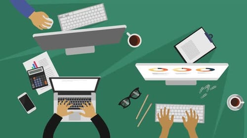 Businesspeople Using Computer At Office. Colorful cartoon animation. Business.