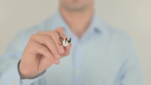 Smart Investment, Man Writing on Transparent Screen