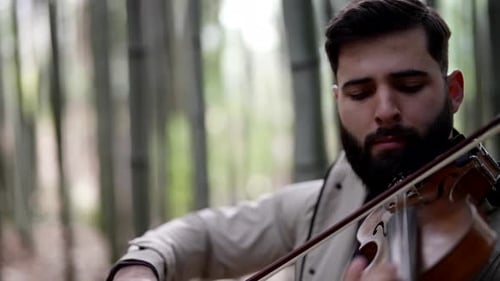 Closeup Portrait of a Street Musician Violinist Playing in a Public Park During the Day