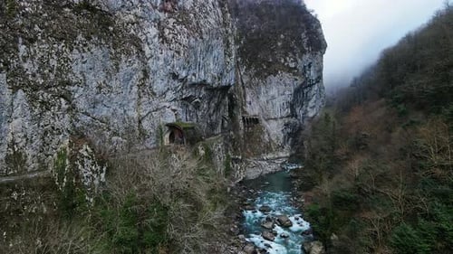 Abandoned Old Dangerous Road in a Narrow Gorge Along the Mzymta River