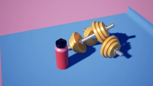 3D Fitness Equipment Reveal Animation with Dumbbells and Water Bottle