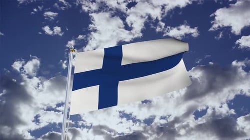 Finland Flag Waving in Realistic Cloudy Sky Background