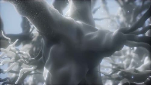 Abstract Neuron Network Flowing Through Brain Cells