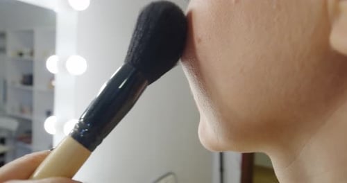 Close Up. Exstra Slow Motion. Professional Make Up Artist Putting the Blush with Make Up Brush on