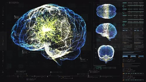 Futuristic Digital Brain Scan with HUD Interface and Neural Activity
