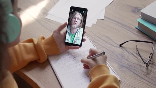 Teen Girl School Student Hold Phone Learn Online Video Call Teacher on Screen