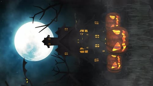 Spooky Halloween Night Animation with Moon, Haunted House, and Pumpkins