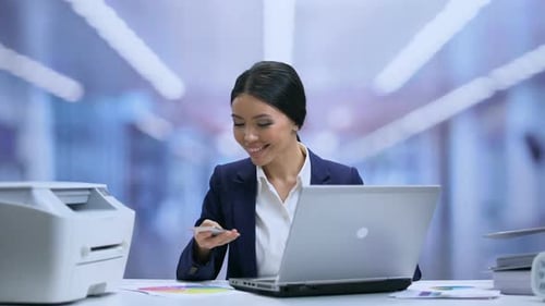 Business Lady Talking on Phone Sitting Office Table, Home Feeling, Conversation