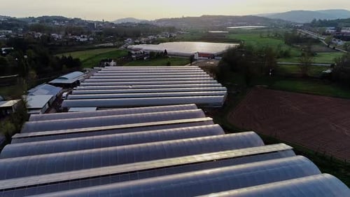 Aerial View of Greenhouses at Sunset