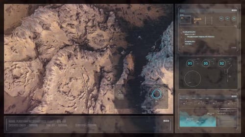 Mars-Drohnenflug — Ansicht von oben nach unten mit HUD-Überlagerung A
