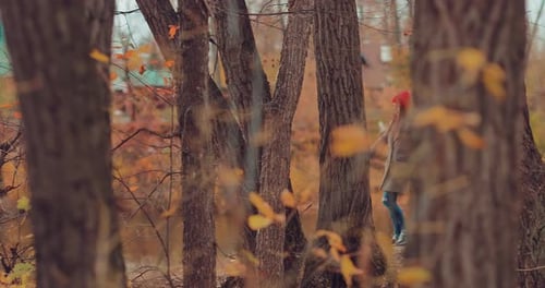 Woman Walking Dog on Leash in Autumn Park