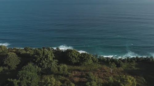 Vista aérea de una playa tropical con agua azul celeste y olas espumosas del océano
