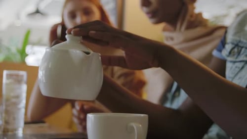 Young adult female friends hanging out in a cafe