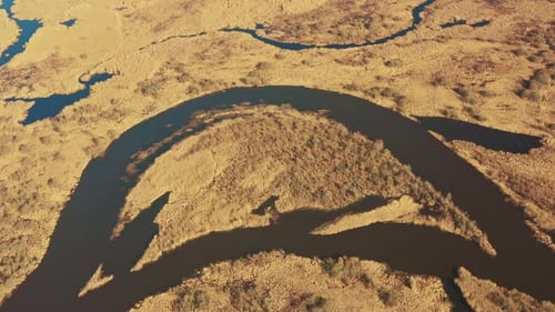 Aerial View Curved River In Early Spring Landscape