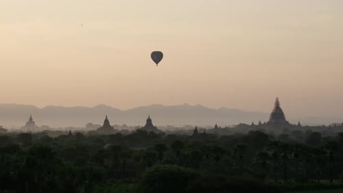 Majestic Temples and Hot Air Balloon at Sunrise