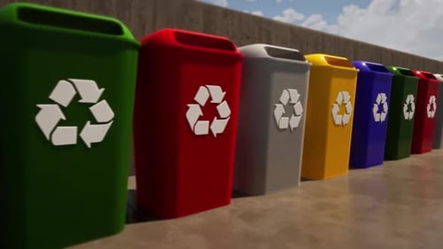 Colorful Recycling Bins 3D Panning Shot