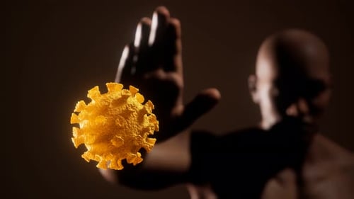 3D Rotating Virus Cell and Human Hand Medical Concept