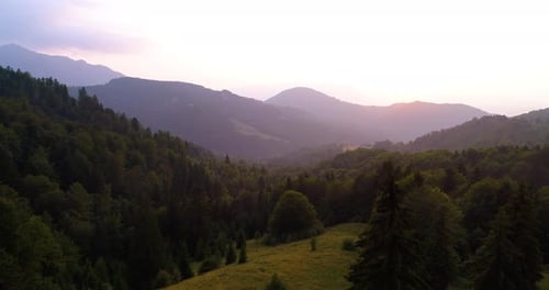 Fly over autumn mountain forest in sunrise soft light. Big mountain covered with snow