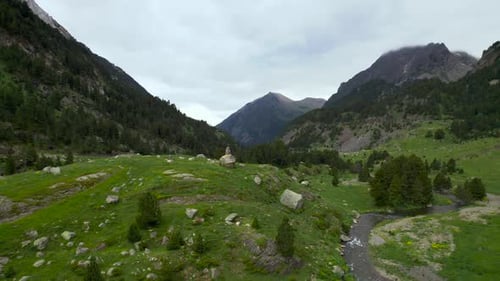 River flowing through forest valley in mountains