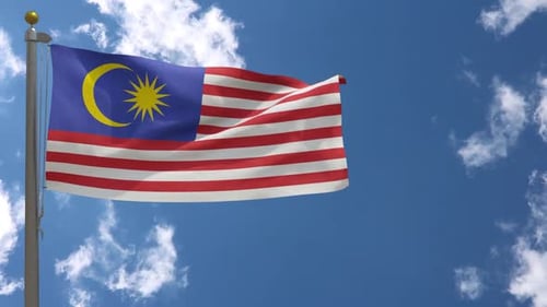 Realistic Malaysia National Flag Waving Against Blue Sky