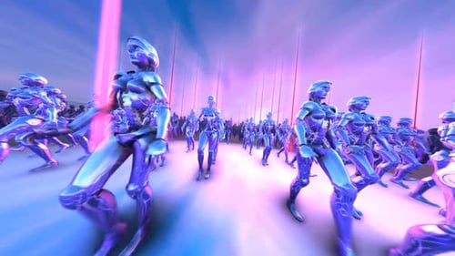 Futuristic Metallic Robots Running in Neon-Lit Cyber World