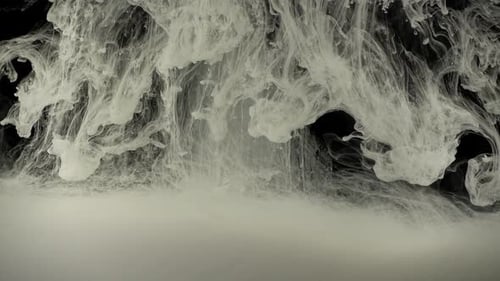 White Ink Plumes Abstractly Swirl in Dark Liquid