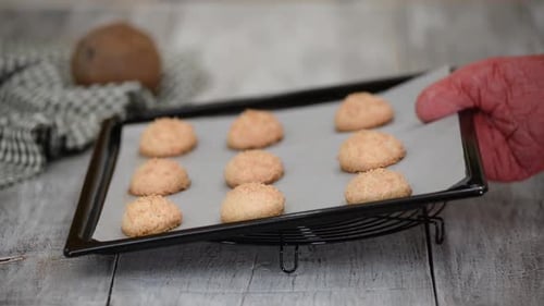 Galletas de coco en una bandeja para hornear del horno