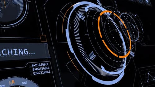 Head-up-Display-Technologie, Schnittstellenbildschirm mit futuristischen 3D-Elementen, Diagramm und Chat-Panel