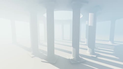 Elegant White Classical Pillars Rotating in Bright Foggy Space
