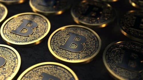 Rotating Gold and Black Cryptocurrency Coins Background Loop