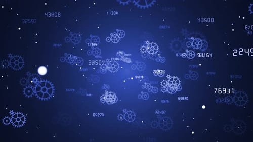Digital Network Background with Rotating Gears and Abstract Numbers Loop